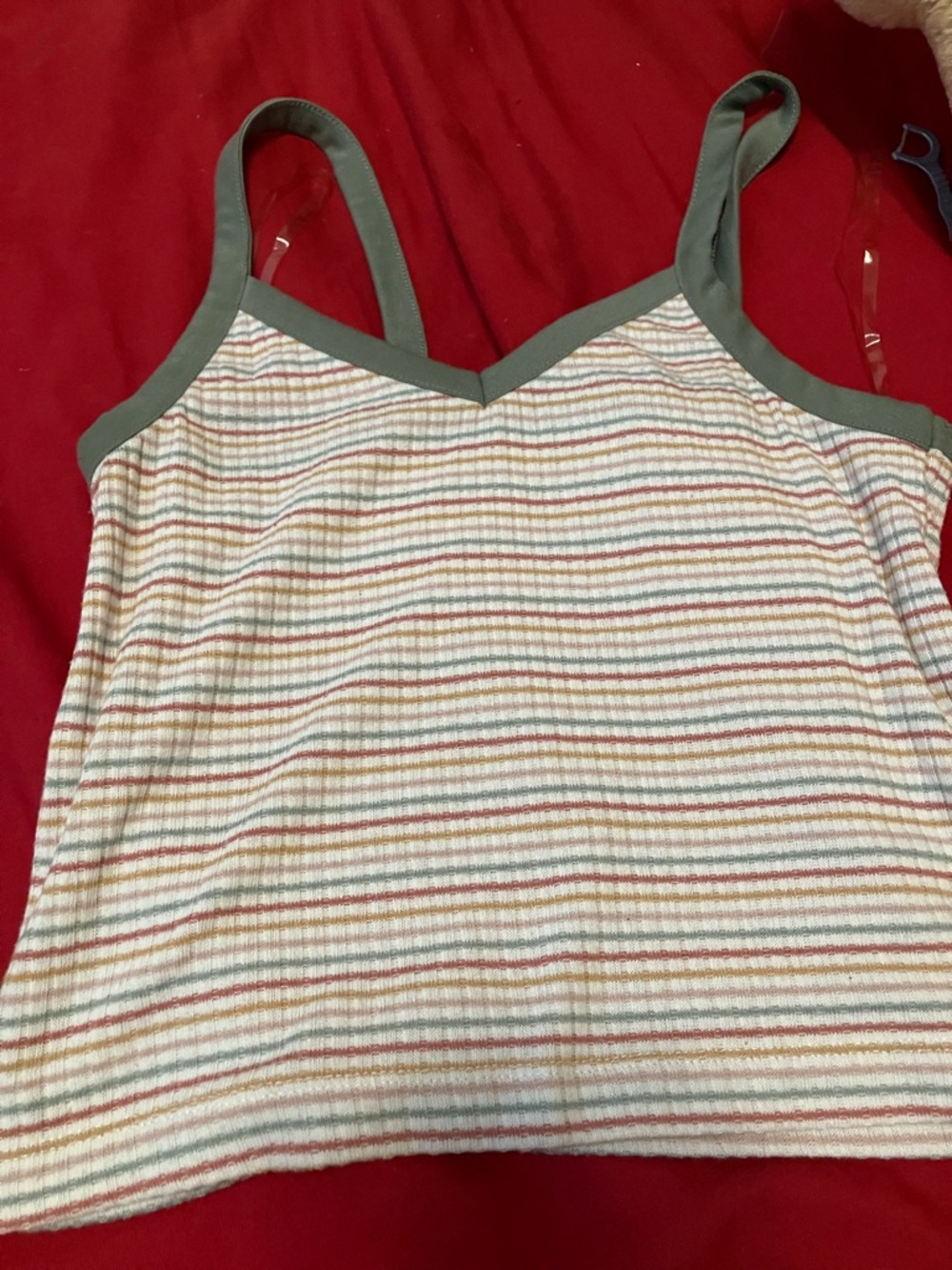 Striped Ribbed Tank Top with Olive Trim - Women